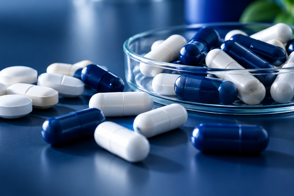 Suplementos terminados: cápsulas y comprimidos en placa de vidrio